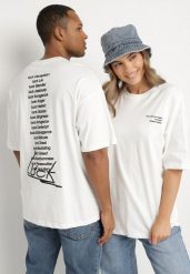 Biała Koszulka T-shirt z Nadrukiem z Przodu i na Plecach Ninarelia. Białe bluzki damskie Born2be, l, bez wzorów, bez kołnierzyka, bez ramiączek. Za 59.99 zł.