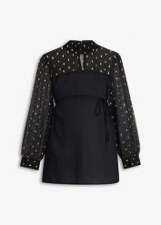 Elegancka bluzka ciążowa z transparentnymi rękawami. Czarne bluzki damskie bonprix, bez wzorów, eleganckie, bez kołnierzyka, moda ciążowa, bez ramiączek. Za 129.99 zł.