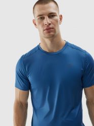 4F Koszulka treningowa regular szybkoschnąca męska - niebieska L. Niebieskie koszulki sportowe męskie 4F, l, bez wzorów, z dzianiny, bez kołnierzyka, bez ramiączek. Za 39.99 zł.