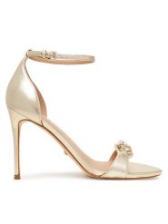 Guess Sandały FLTKAB LEM03 Złoty. Żółte sandały damskie Guess, z aplikacjami, ze skóry, bez obcasa, na szpilce, bez zapięcia. Za 539.99 zł.