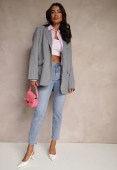 Jasnoniebieskie Jeansy High Waist o Kroju Mom Fit Delarinor. Niebieskie jeansy damskie Renee, z aplikacjami, z bawełny, eleganckie, z podwyższonym stanem. Za 119.99 zł.