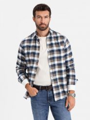 Klasyczna flanelowa męska koszula bawełniana w kratę - brązowo-granatowa V1 - Rozmiar: L. Niebieskie koszule męskie Ombre Clothing, l, bez wzorów, z bawełny, klasyczne, bez kołnierzyka, bez ramiączek. W wyprzedaży za 59.99 zł.