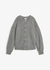 Sweter rozpinany z guzikami w kształcie serca. Szare kardigany damskie bonprix, bez wzorów, bez kołnierzyka. Za 124.99 zł.
