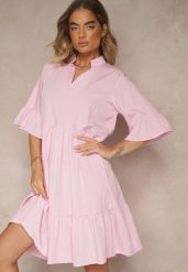 Różowa Rozkloszowana Sukienka z Wiskozą i Falbanami Eviranna. Czerwone sukienki damskie Renee, na co dzień, na lato, bez wzorów, z wiskozy, eleganckie, bez kołnierzyka, bez ramiączek, midi, rozkloszowane. Za 59.99 zł.
