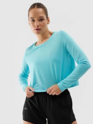 4F Longsleeve treningowy loose szybkoschnący damski - niebieski S. Niebieskie koszulki sportowe damskie 4F, l, bez wzorów, z dzianiny, bez ramiączek, na fitness i siłownię. W wyprzedaży za 49.99 zł.