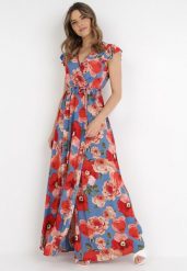 Niebieska Sukienka Lalaera. Niebieskie sukienki damskie Born2be, na lato, l, bez wzorów, z materiału, bez kołnierzyka, bez ramiączek, maxi, kopertowe. Za 29.99 zł.
