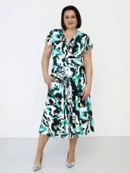 Sukienka Model Lamira Ecru/Green - Jersa. Zielone sukienki damskie Jersa, na co dzień, l, bez wzorów, z materiału, eleganckie, bez kołnierzyka, plus size, bez ramiączek, midi, dopasowane. Za 599.65 zł.