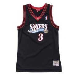 Damska koszulka nba Philadelphia 76ers Allen Iverson. Czarne bluzki damskie Mitchell & Ness, bez wzorów, z poliesteru, sportowe, bez kołnierzyka, bez ramiączek. Za 447.50 zł.