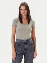 Guess T-Shirt W2YI45 J1314 Khaki Slim Fit. Brązowe t-shirty damskie Guess, s, z aplikacjami, z bawełny, bez kołnierzyka, bez ramiączek. Za 89.99 zł.