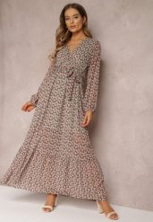 Zielono-Czerwona Sukienka Kopertowa z Falbanką i Wiązanym Paskiem Gjerana. Zielone sukienki damskie Renee, na spacer, l, bez wzorów, eleganckie, bez kołnierzyka, bez ramiączek, maxi, kopertowe. Za 119.99 zł.
