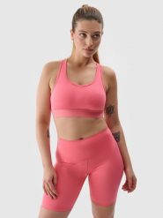 4F Legginsy kolarki treningowe z materiału z recyklingu damskie - koralowe S. Czerwone legginsy damskie 4F, l, bez wzorów, z dzianiny, z podwyższonym stanem, do biegania. W wyprzedaży za 59.99 zł.