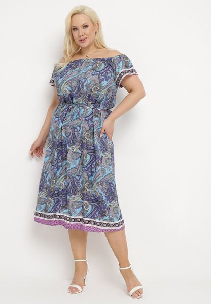 Niebieska Bawełniana Sukienka Hiszpanka ze Sznurkiem w Talii i Wzorem Paisley Anneipa. Niebieskie sukienki damskie Born2be, na co dzień, plus size, bez wzorów, z bawełny, eleganckie, bez kołnierzyka, plus size, bez ramiączek, midi. Za 34.99 zł.
