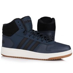 Buty męskie sportowe Adidas HOOPS 2.0 MID. Niebieskie buty sportowe męskie Adidas, bez wzorów, bez zapięcia. W wyprzedaży za 249.00 zł.