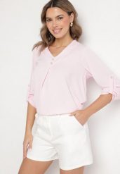 Różowa Bluzka o Trapezowym Kroju z Dekoltem w Serek i Podpinanymi Rękawami Aslimi. Czerwone bluzki damskie Born2be, bez wzorów, z jeansu, eleganckie, bez kołnierzyka, bez ramiączek. Za 69.99 zł.