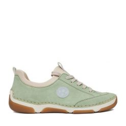 Półbuty Rieker. Zielone półbuty damskie Rieker, bez wzorów, bez obcasa, na płaskiej podeszwie, bez zapięcia. Za 339.99 zł.