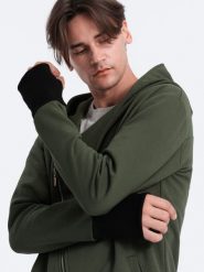 Asymetryczna bluza męska z obszernym kapturem NANTES - ciemnooliwkowa. Zielone bluzy męskie Ombre Clothing, m, bez wzorów, z bawełny, bez ramiączek. W wyprzedaży za 217.49 zł.