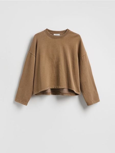 Gładka bluza z bawełną - brązowy. Brązowe bluzy damskie Reserved, l, bez wzorów, z bawełny, bez ramiączek, bez kaptura. W wyprzedaży za 32.99 zł.