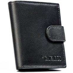 Pionowy, czarny portfel męski ze skóry naturalnej z systemem RFID zamykany zatrzaskiem - 4U Cavaldi. Czarne portfele męskie 4U Cavaldi, bez wzorów, ze skóry. Za 54.99 zł.