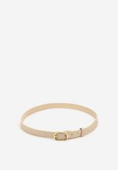 Jasnobeżowy Pasek Ozdobiony Zaokrągloną Klamrą Vozera. Brązowe paski damskie Renee, bez wzorów, z jeansu. Za 19.99 zł.