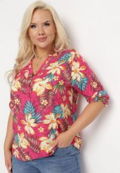 Różowa Wiskozowa Bluzka w Kwiaty Nireta. Czerwone bluzki damskie Born2be, l, bez wzorów, z tkaniny, bez kołnierzyka, bez ramiączek. Za 39.99 zł.
