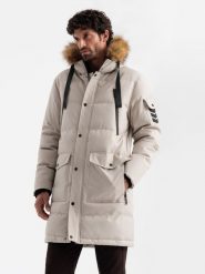 Długa ciepła męska kurtka typu parka z kapturem – beżowa V5 OM-JALJ-0182 - XXL. Brązowe kurtki męskie Ombre Clothing, l, z aplikacjami, z materiału, eleganckie, z kapturem. W wyprzedaży za 239.99 zł.