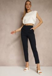 Granatowe Spodnie z Wiskozą High Waist i Ozdobnymi Napami Redaira. Niebieskie spodnie materiałowe damskie Renee, z aplikacjami, z jeansu, eleganckie, z podwyższonym stanem. Za 59.99 zł.