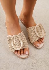 Beżowe Klapki z Plecionką i Geometryczną Klamrą Nemornell. Brązowe klapki damskie Renee, na lato, bez wzorów, boho, bez obcasa, na płaskiej podeszwie, bez zapięcia. Za 79.99 zł.