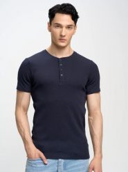 Koszulka męska z prążkowanej dzianiny granatowa Basicag 403. Niebieskie t-shirty męskie BIG STAR, l, bez wzorów, z bawełny, bez kołnierzyka, bez ramiączek. Za 99.99 zł.