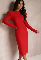 Czerwona Sukienka Taliowana z Bufiastym Rękawem Adarei. Czerwone sukienki damskie Renee, s, bez wzorów, eleganckie, bez kołnierzyka, bez ramiączek, midi, kopertowe. Za 109.99 zł.