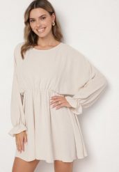 Jasnobeżowa Sukienka o Rozkloszowanym Kroju z Ozdobnymi Mankietami Terellea. Brązowe sukienki damskie Born2be, na co dzień, bez wzorów, z jeansu, eleganckie, bez kołnierzyka, bez ramiączek, mini, kopertowe. Za 79.99 zł.