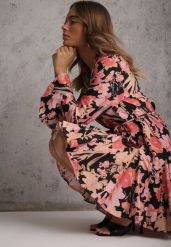 Czarna Sukienka z Wiskozy w Kwiatowy Print Ozdobiona Paskiem Asintena. Czarne sukienki damskie Renee, na co dzień, l, bez wzorów, z koronki, eleganckie, bez kołnierzyka, bez ramiączek, mini. Za 119.99 zł.