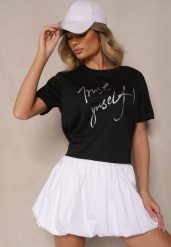 Czarny T-shirt Zdobiony Napisem z Brokatem Tezilea. Czarne t-shirty damskie Renee, l, z aplikacjami, z jeansu, bez kołnierzyka, bez ramiączek. Za 29.99 zł.