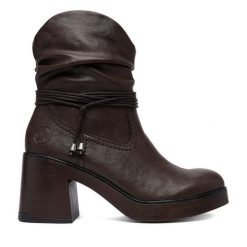 Botki Rieker. Brązowe botki damskie Rieker, bez wzorów, bez obcasa, na słupku, bez zapięcia. Za 399.99 zł.