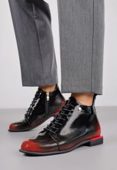 Czarno-Czerwone Botki Trzewiki Lakierowane Vices Jovilie. Czarne botki damskie Renee, bez wzorów, z jeansu, bez obcasa, na płaskiej podeszwie, bez zapięcia. Za 99.99 zł.