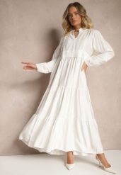 Biała Rozkloszowana Sukienka z Wiskozy w Stylu Boho z Koronką i Gumką Gonalien. Białe sukienki damskie Renee, na co dzień, na lato, l, bez wzorów, z koronki, boho, bez kołnierzyka, bez ramiączek, maxi, rozkloszowane. Za 119.99 zł.