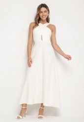 Żółta Rozkloszowana Sukienka z Wiskozą i Dekoltem Typu Halter Dolienna. Żółte sukienki damskie Born2be, l, bez wzorów, z wiskozy, eleganckie, bez kołnierzyka, bez ramiączek, maxi, rozkloszowane. Za 89.99 zł.