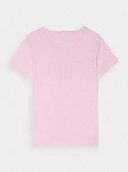 4F T-shirt slim z nadrukiem damski - różowy M. Czerwone t-shirty damskie 4F, m, bez wzorów, z bawełny, klasyczne, bez kołnierzyka, bez ramiączek. W wyprzedaży za 39.99 zł.