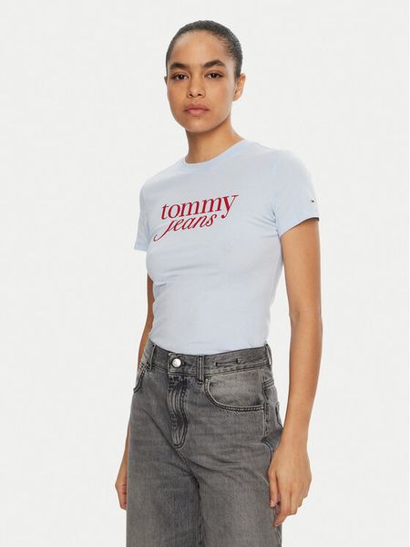 Tommy Jeans T-Shirt Essential DW0DW19447 Błękitny Slim Fit. Niebieskie t-shirty damskie Tommy Jeans, m, bez wzorów, z bawełny, bez kołnierzyka, bez ramiączek. Za 89.99 zł.