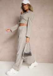 Jasnoszare Szerokie Spodnie z Bawełną High Waist Ozdobione Koronką Efandiela. Szare spodnie materiałowe damskie Renee, bez wzorów, z bawełny, eleganckie, z podwyższonym stanem, długie. Za 49.99 zł.