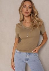 Ciemnozielony T-shirt z Bawełny z Łańcuszkiem i Marszczeniem Olisinia. Zielone t-shirty damskie Renee, m, bez wzorów, z bawełny, glamour, bez kołnierzyka, bez ramiączek. Za 39.99 zł.