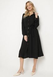 Czarna Koszulowa Sukienka z Materiałowym Paskiem Vivinara. Czarne sukienki damskie Born2be, na co dzień, l, bez wzorów, z materiału, eleganckie, bez kołnierzyka, bez ramiączek, midi, koszulowe. Za 89.99 zł.