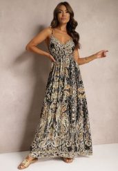Czarno-Beżowa Rozkloszowana Sukienka z Wiskozy na Regulowanych Ramiączkach w Stylu Boho Yalfea. Czarne sukienki damskie Renee, na spacer, na lato, l, bez wzorów, z wiskozy, boho, bez kołnierzyka, bez ramiączek, maxi, rozkloszowane. Za 89.99 zł.