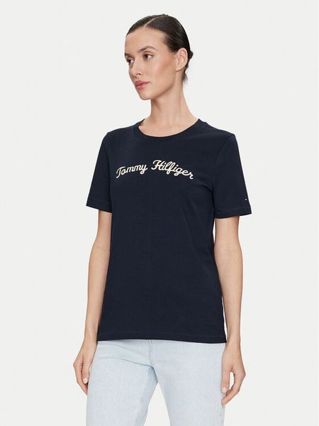 Tommy Hilfiger T-Shirt Script WW0WW42589 Granatowy Regular Fit. Niebieskie t-shirty damskie Tommy Hilfiger, s, bez wzorów, z bawełny, bez kołnierzyka, bez ramiączek. Za 129.99 zł.