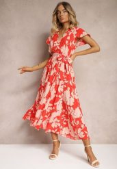 Czerwona Kopertowa Plisowana Sukienka Koktajlowa z Gumką i Paskiem w Talii Benelsea. Czerwone sukienki damskie Renee, m, bez wzorów, z materiału, eleganckie, bez kołnierzyka, bez ramiączek, maxi, dopasowane. Za 54.99 zł.