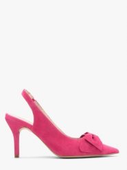 Czółenka typu slingback w kolorze fuksji. Fioletowe czółenka damskie Ryłko, bez wzorów, z gumy, bez obcasa, na szpilce, bez zapięcia. W wyprzedaży za 299.99 zł.