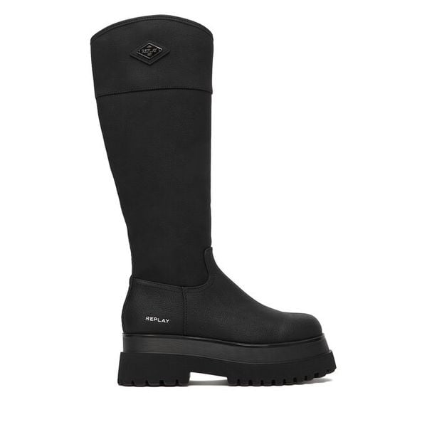 Kozaki REPLAY. Czarne kozaki damskie Replay, bez wzorów, bez obcasa, na płaskiej podeszwie, bez zapięcia. Za 709.99 zł.