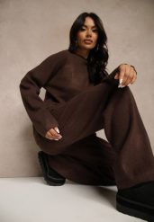 Brązowy Komplet Oversize z Dzianiny z Wełną Sweter i Szerokie Spodnie Alenria. Brązowe swetry nierozpinane damskie Renee, l, bez wzorów, z dzianiny, eleganckie, bez kołnierzyka, bez ramiączek. Za 149.99 zł.
