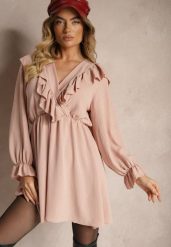 Różowa Kopertowa Sukienka z Żabotem Ozdobiona Falbankami Melosia. Czerwone sukienki damskie Renee, na co dzień, bez wzorów, eleganckie, bez kołnierzyka, bez ramiączek, mini, kopertowe. Za 59.99 zł.