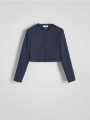 Marynarka z cekinowymi aplikacjami - granatowy. Niebieskie marynarki i żakiety damskie Reserved, z aplikacjami, z bawełny, bez kołnierzyka, bez ramiączek. W wyprzedaży za 119.99 zł.