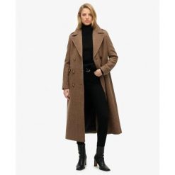 Płaszcz damski z mieszanki wełny z guzikami Superdry. Brązowe płaszcze damskie Superdry, s, bez wzorów, z wełny, eleganckie, bez kołnierzyka, bez kaptura. Za 920.00 zł.